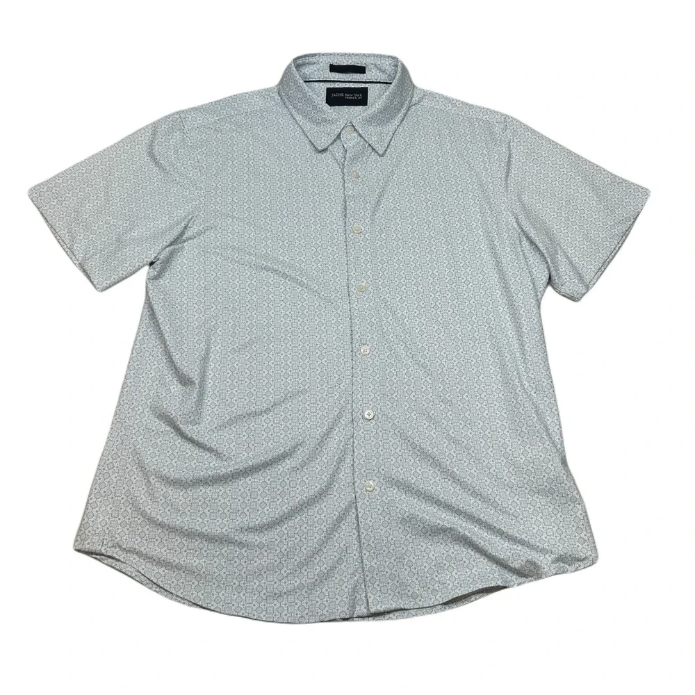 JACHS New York Shirt Mens Blue Grey Large Geometric Print Short Sleeve Button Up